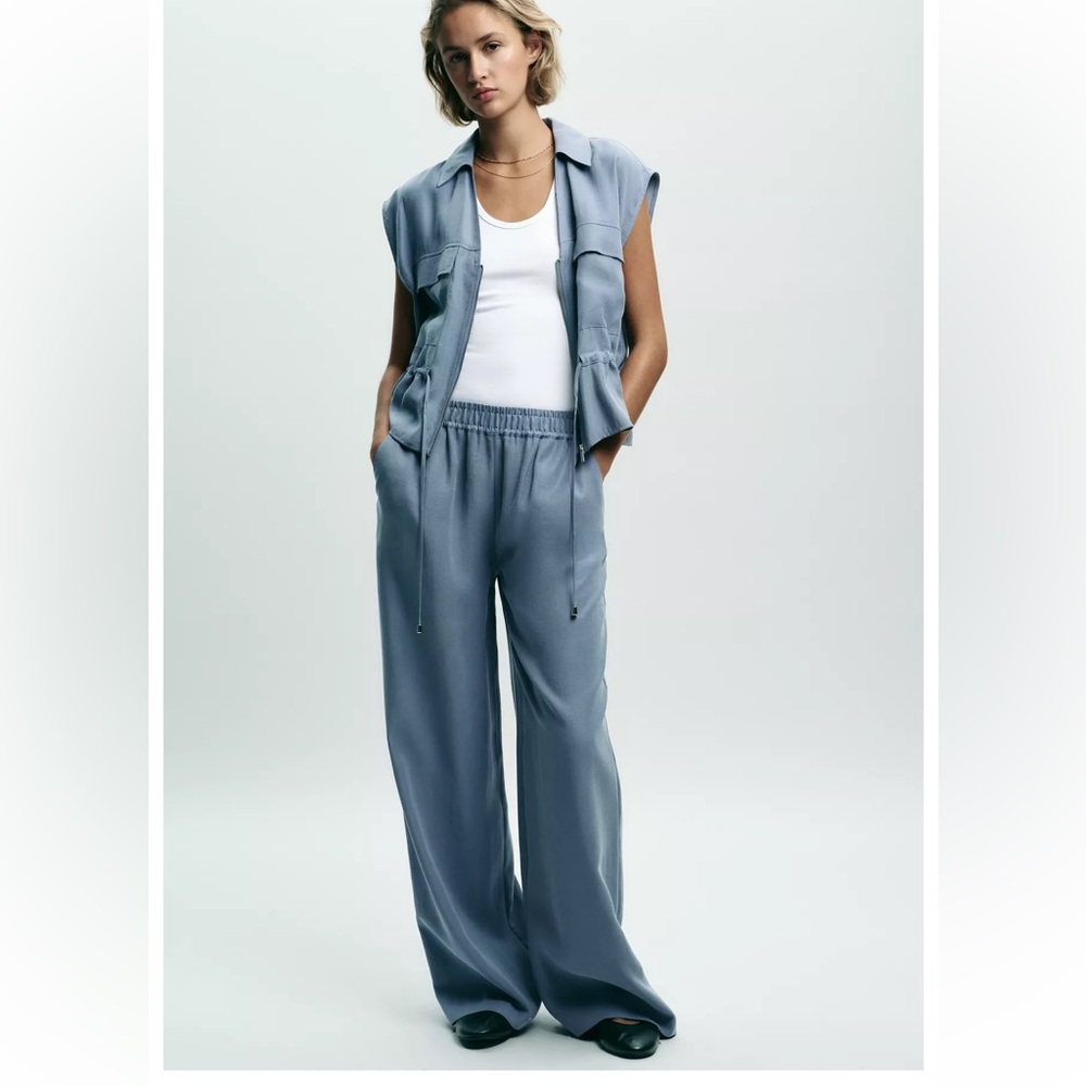 Zara soft-touch wide-leg trousers and a soft-touch safari top in blue/grey